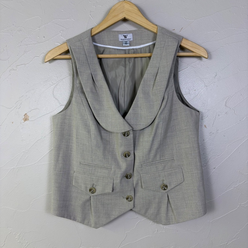 Worthington Vest Women Medium Tan Shawl Collar Waist Coat Button Business Preppy